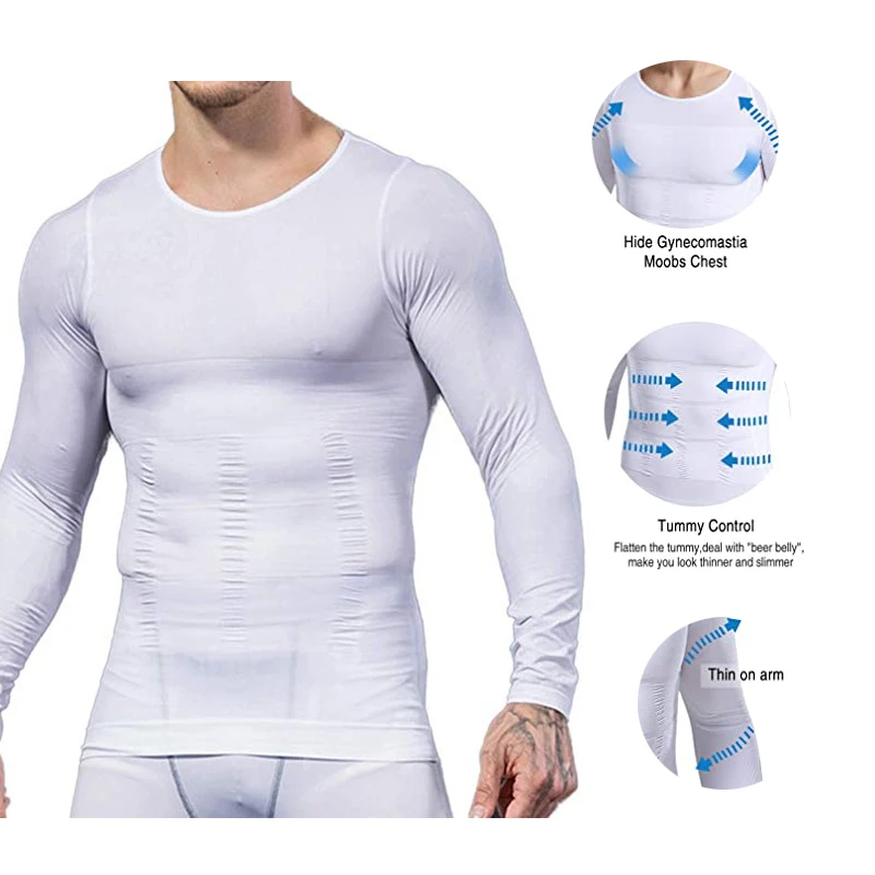 Mens Slimming Body Shaper Seamless Long Sleeve Compression Shirt Tummy Control Gynecomastia Gym Workout Undershirt