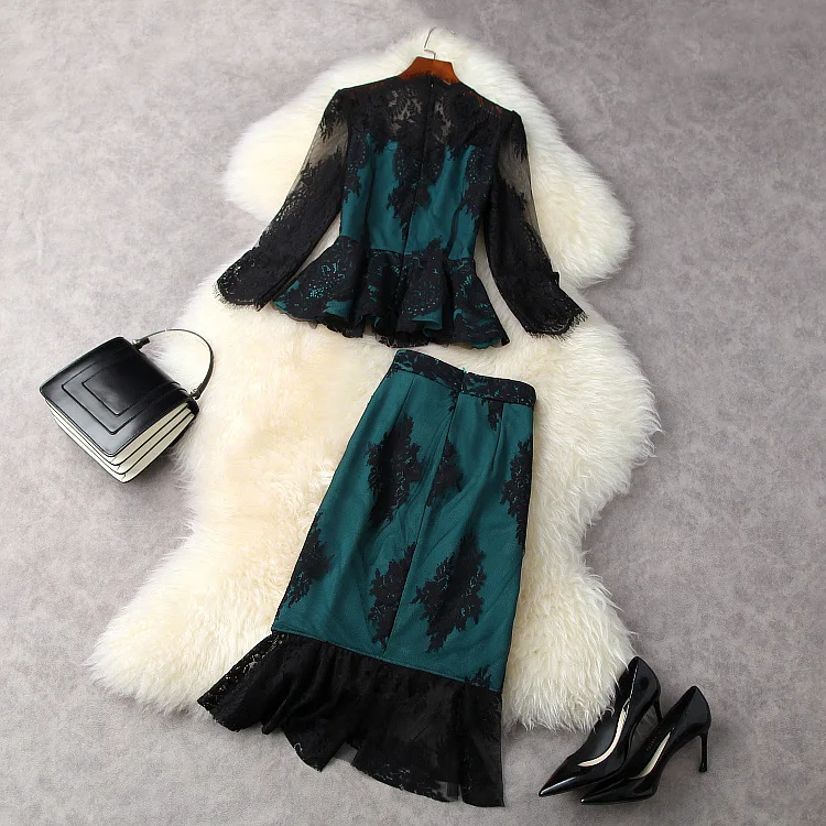 

European and American women's wear for spring 2021 lace shirt with three-quarter sleeves Lace fishtail skirt Fashion suits