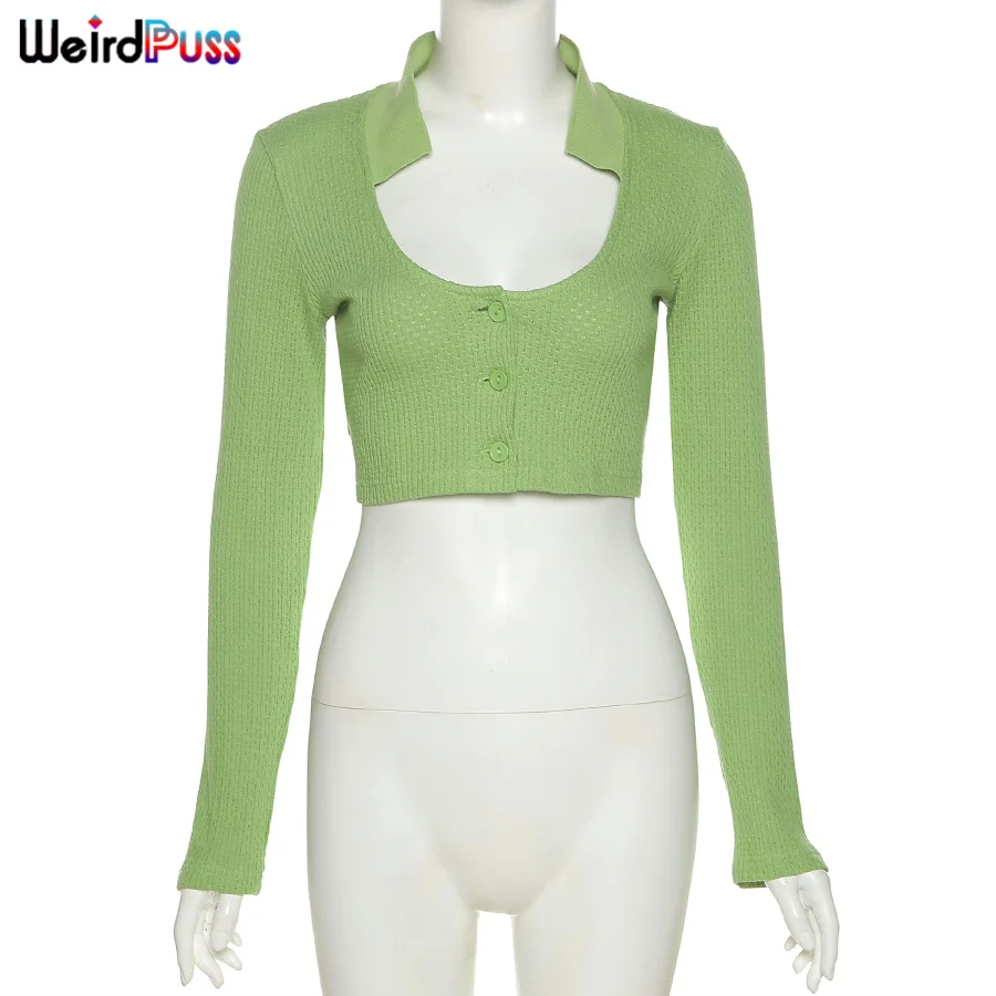 

Weird Puss Knitting Low Cut Crop Tops Women Autumn Long Sleeve Buttons Shirts Fashion Wild Streetwear Casual Stretchy Slim Tees