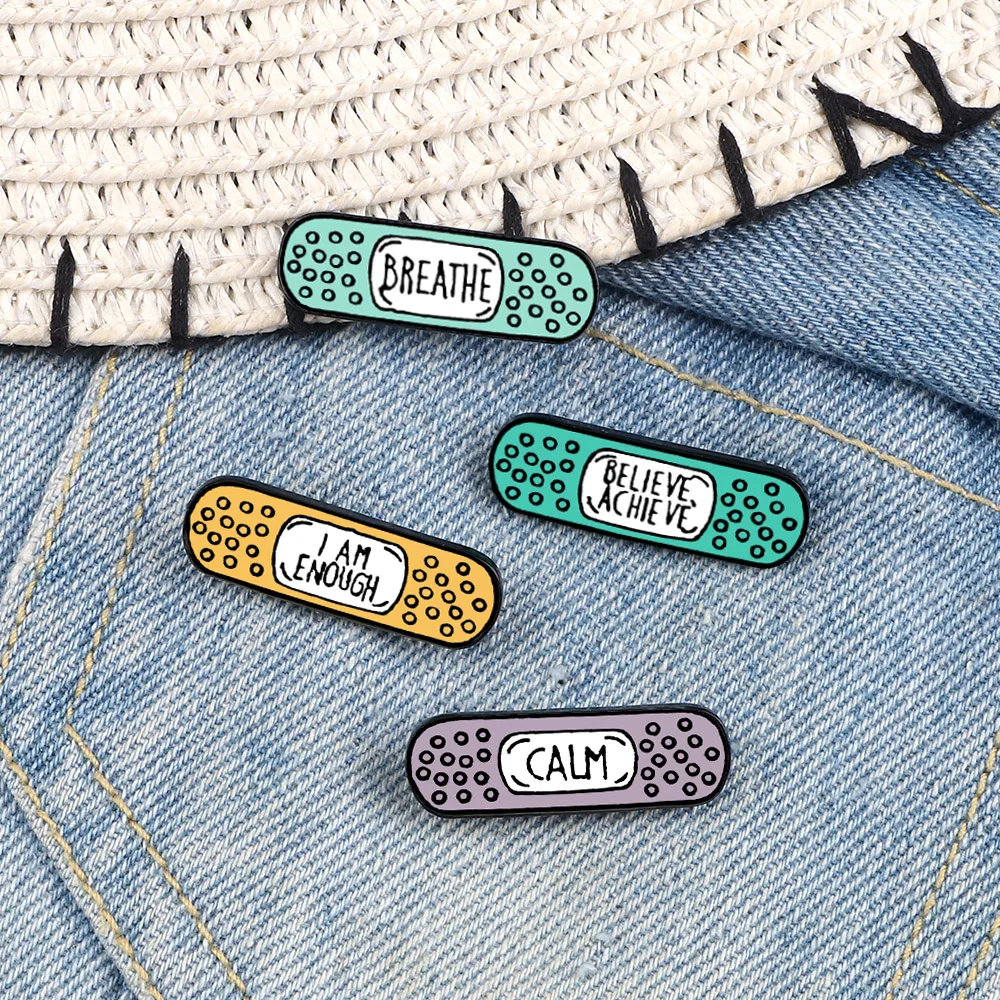 

Cartoon Band-aid Enamel Pins Believe Achieve Breathe Calm Cute Bandage Lapel Pins For Women I Am Enough Backpack Badge Brooches