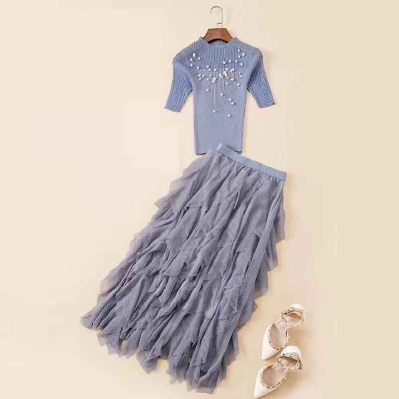 

Grade Designer Top Clothing Sets 2021 Autumn Women Pearl Beading Black Grey Pullovers+Mid-Calf Length Sexy Ruffle Skirt Sets 2pc