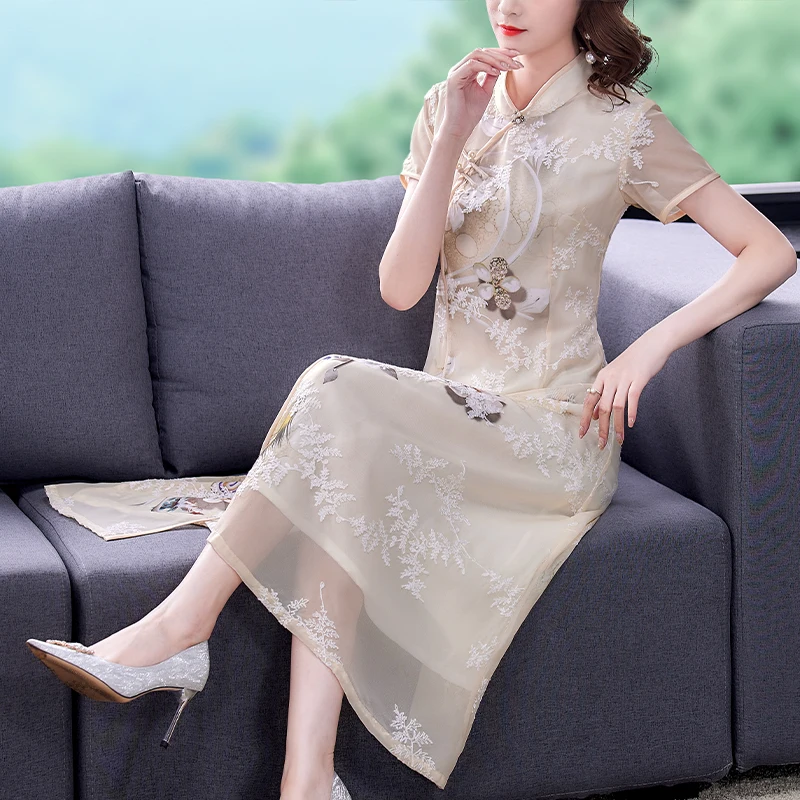 

Women Long Dress Summer 2021 New Cheongsam Fashion Vintage Print Short Sleeve Chiffon Embroidery High Waist Apricot Pink Dresses