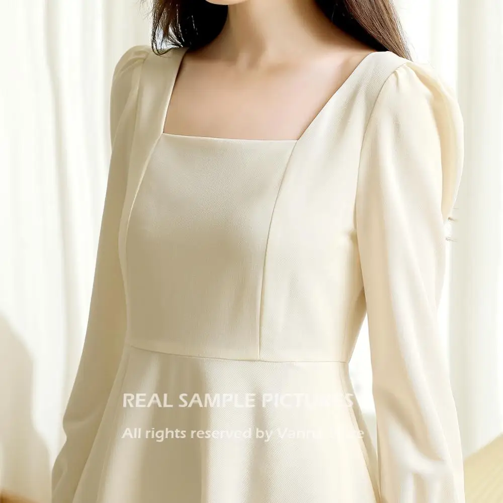Soft Satin Wedding Bridesmaid Gown Long Sleeve Bridal Shower Engagement Pictures Tea Length Cheap 2020 Bridal Dresses #808CX