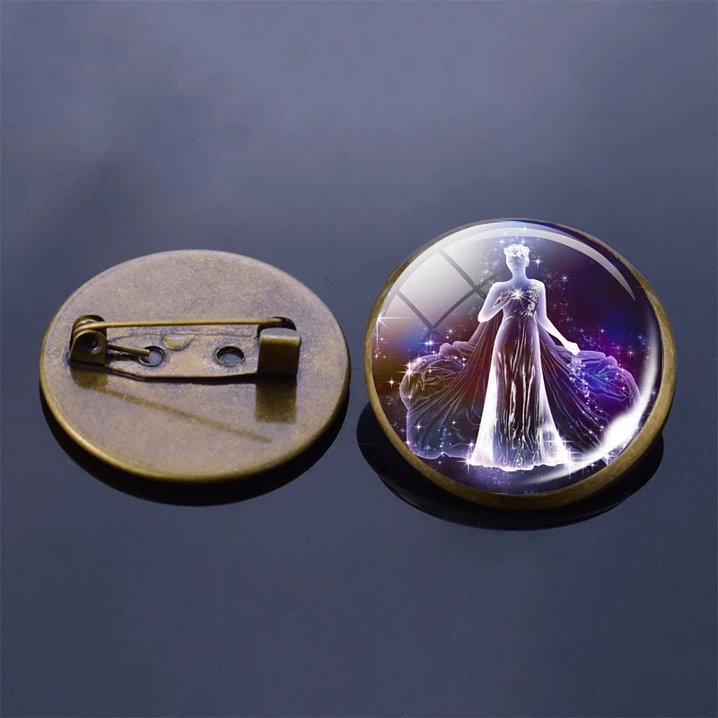 Броши "12 созвездий" Знаки Зодиака Броши Значки Стеклянные кабошоны Ювелирные изделия в стиле мода Весы Лев Дева Женщины Подарок на День Рождения Оптовая продажа.