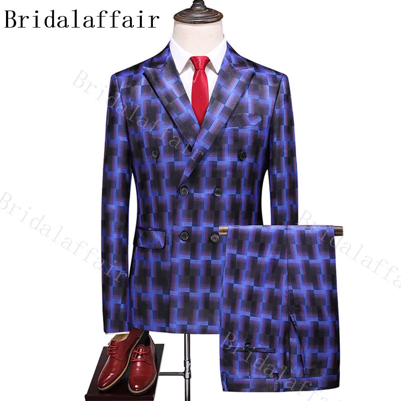 Мужские костюмы Bridalaffair синие классические клетчатые винтажные со штанами