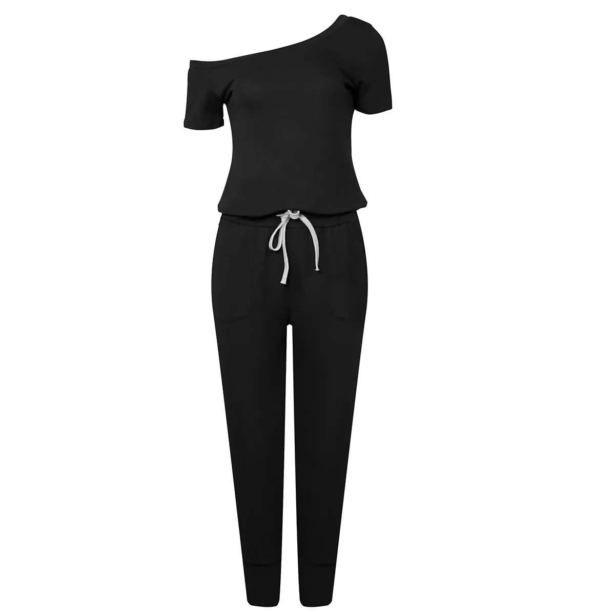 Fashion Women Summer Solid Color Jumpsuits Drawstring Design Pockets Decor Oblique Collar Short Sleeve Mid Waist Slim Jumpsuits