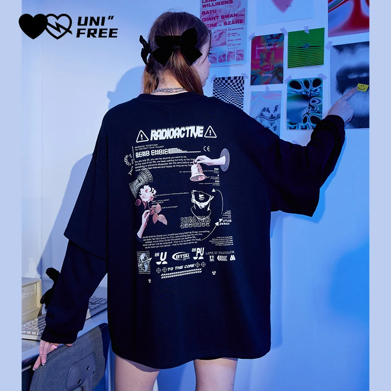 

UNIFREE Hoodie Sweatshirts Women Gothic Pullover Casual Long Sleeve Tops High Street Hip Hop Streetwear