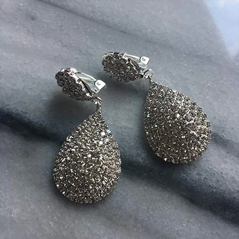 StoneFans Clip On Rhinestone Crystals Teardrop Dangle Earrings Long Statement Chandelier Drop Earrings no pierced for Women images - 6