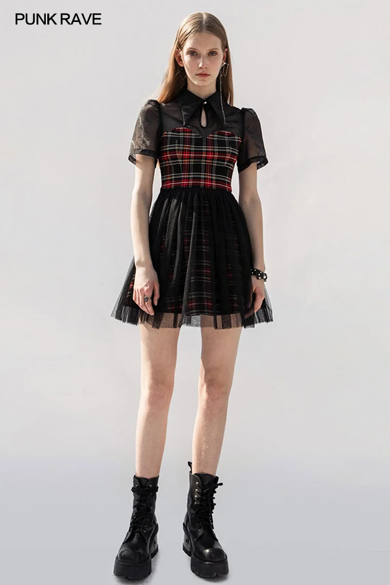 

A-Line Dress PUNK RAVE Women's Gothic Daily Lace Organza Spliced Plaid Short Sleeve Sexy Perspective Casual Girl Short Dress