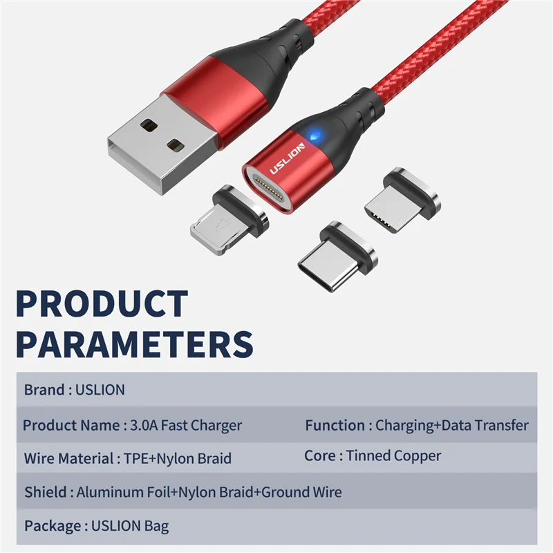 Кабель для зарядки USLION USB Type A/ C/ Micro USB/ Lghting 3A нейлон 0.5/ 1/ 2 м|Кабели мобильных