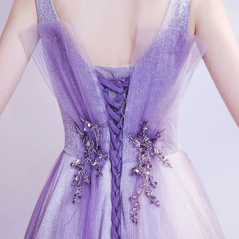 

Evening Dresses Sequined Beading Pleat Sleeveless V-Neck O-Neck Tulle Floor-Length Luxury Purple A-Line Women Formal Gown TS682