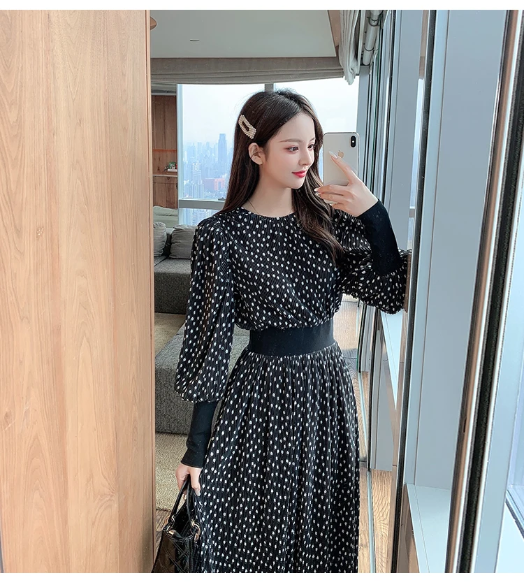 

2021 Spring Dot Printed Women Long Dress Full Sleeve O-neck Pleated Dresses Elegant Fashion Party Vestidos Femme