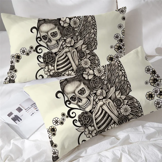 BlessLiving Butterfly Pillow Case Pale Grey Skull Pillowcase Retro Rose Pillow Protector Romantic Dark Pillow Cover 50x75cm 2pcs 2