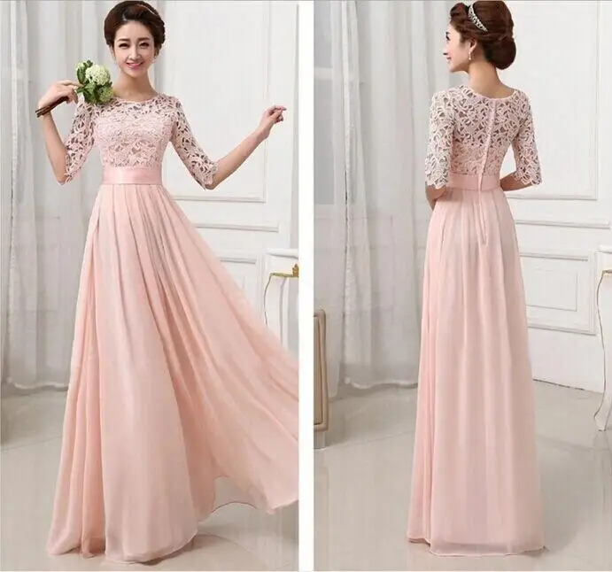 

Half Sleeves A Line Floor Length Lace Bridesmaid Dresses Pearl Pink Chiffon Prom Dresses vestido de festa longo abendkleider