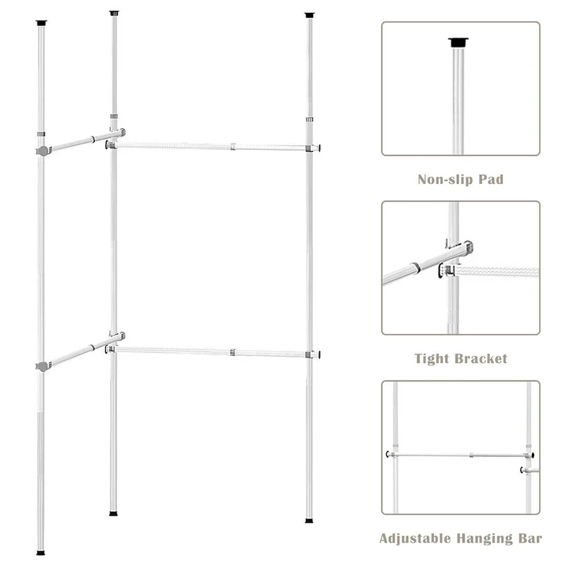 

2 Tier Adjustable Telescopic Clothes Hangers Multi-layer Storage Space Sturdy Iron Frame Non-slip Rubber Pads Clothing Storage