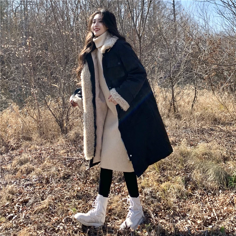 

2020 The New Winter Lambswool Inner Lining Cotton Long Jacket Women Thick Snow Warm Coat Loose Splicing Outwear Adjustable Waist