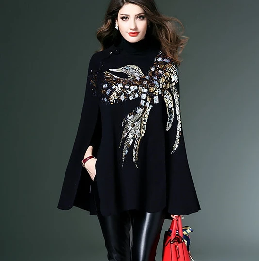 Женское роскошное пончо расшитое блестками с вышивкой в виде птицы Феникса