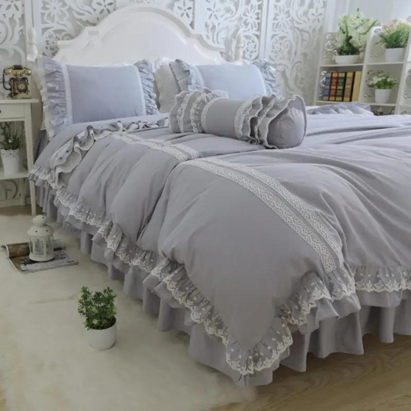

Top Luxury Bedding Set Light Embroidery Ruffle Lace Gray Duvet Cover Bed Sheet Bedspread Princess Bed Queen Pillowcase