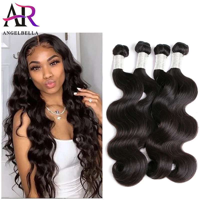 

Angelbella Brazilian Body Wave Hair Bundles Natural Black 100% Human Hair Weave 4 Bundles 26 28 30 32 Remy Hair Extension