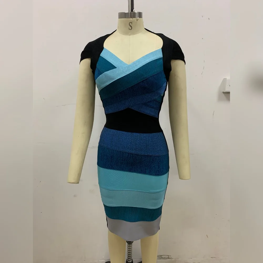 

Good Quality Blue Gradient Square Collor Bandage Dress Party Evening Elegant Dress