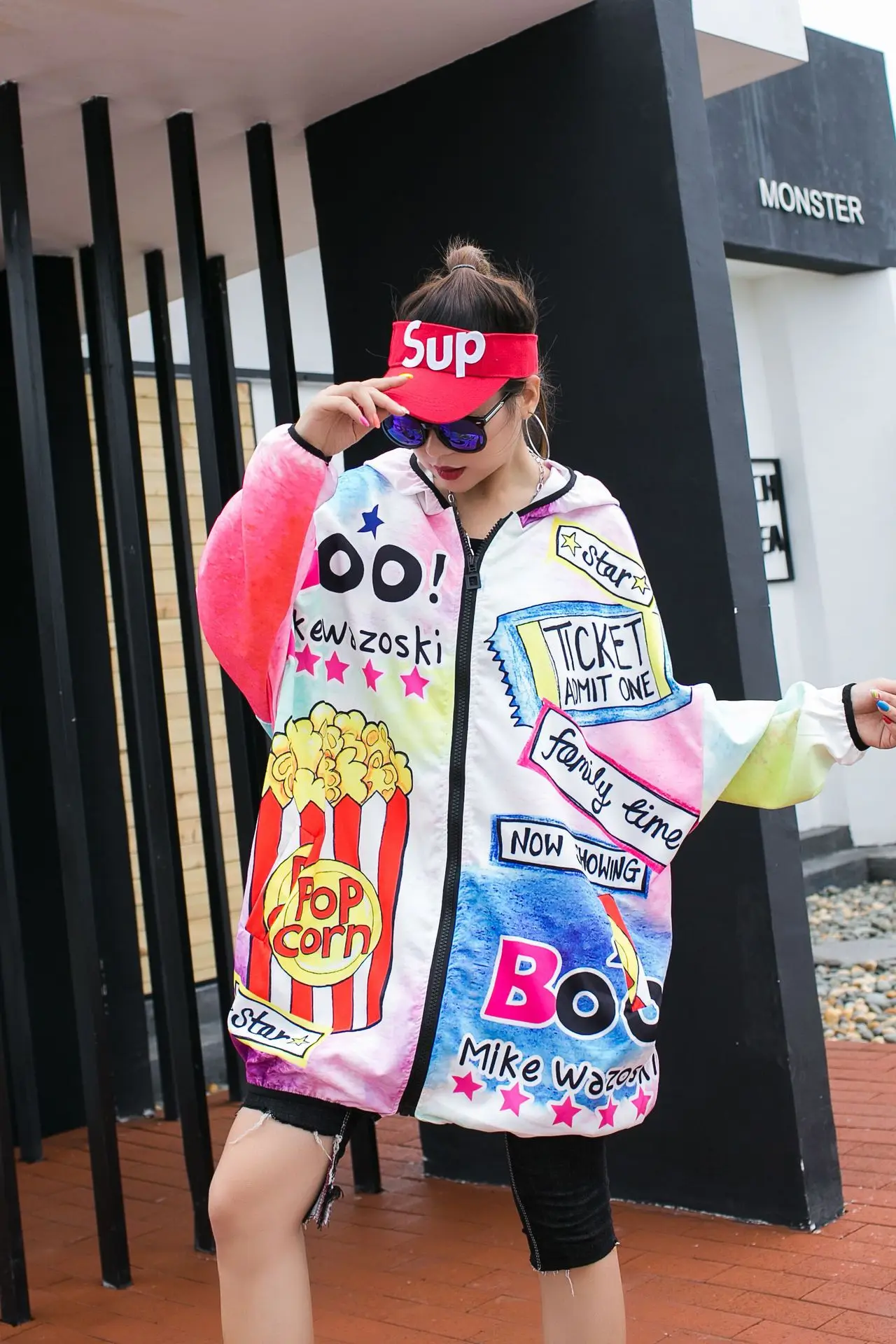 

European and American print jacket female 2019 autumn new tide brand large size long sleeve hooded baseball uniform jacket