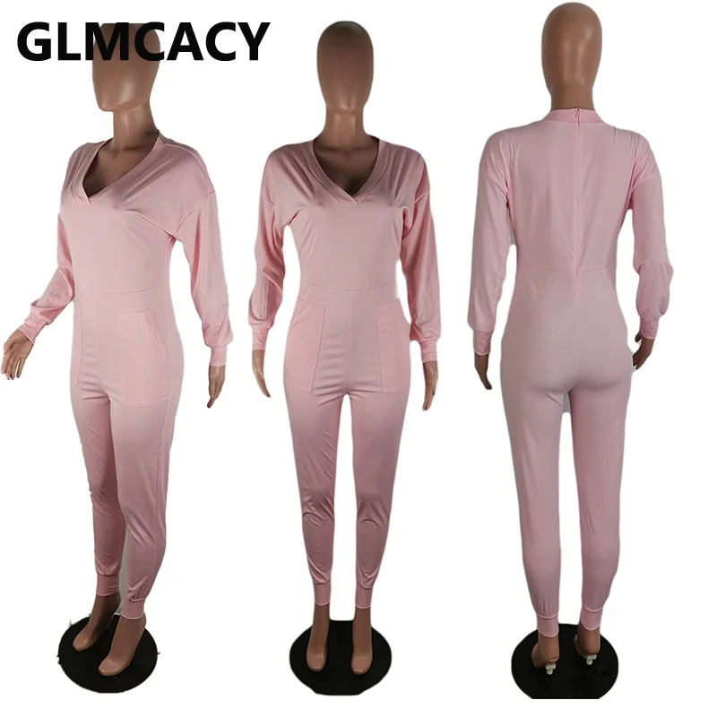 

Women Long Sleeve V Enck Solid Jumpsuit Pocket Design Regular Casual Jumpsuits