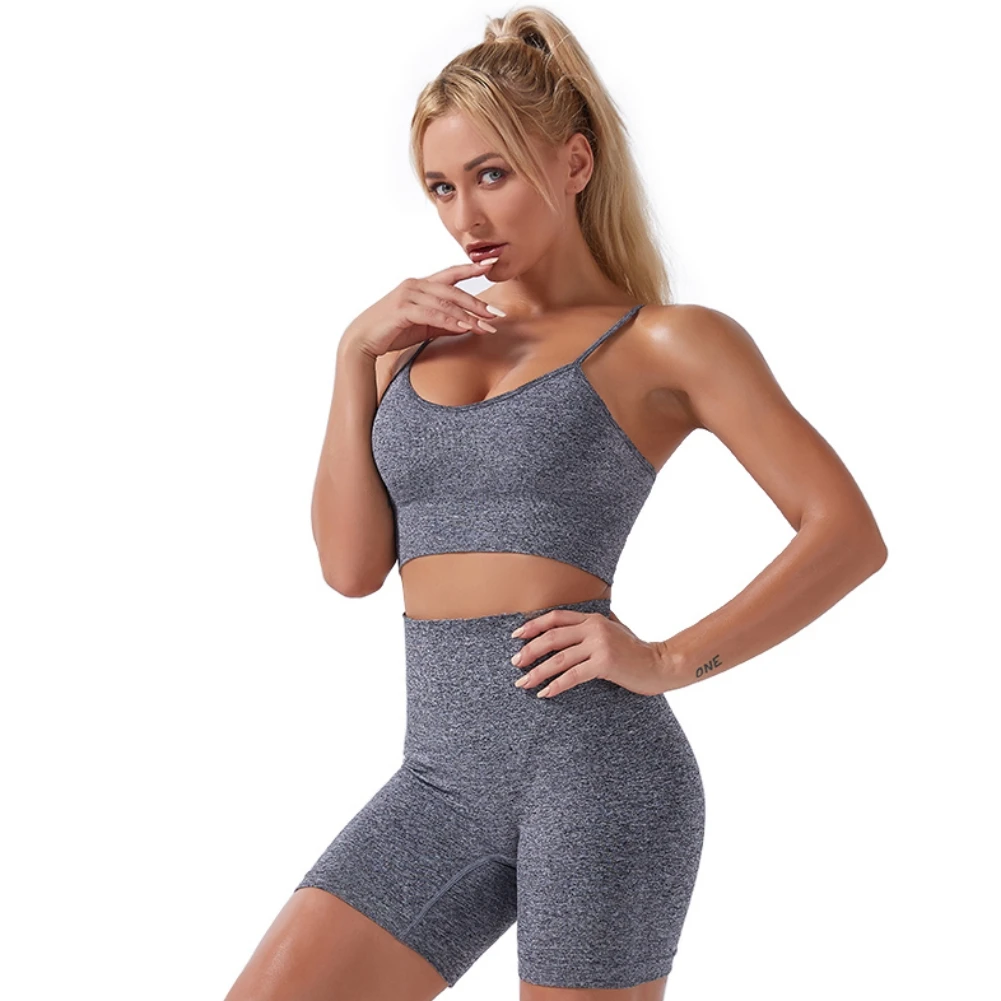 

Женский комплект для йоги, дышащий Быстросохнущий компрессионный топ с подкладкой и шорты для подтяжки, костюм для фитнеса и бега