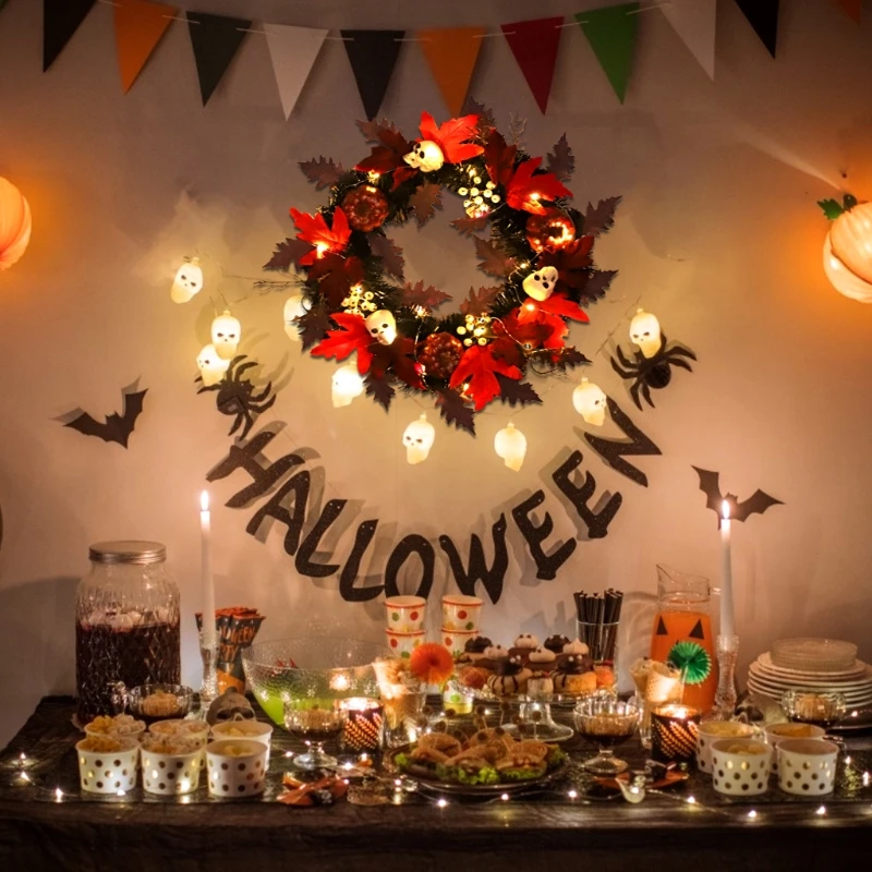 

Halloween Wreaths Skull Maple Leaf Garland Ornaments Holiday Party Thanksgiving Window Door Hanging Garden Decorations B03E