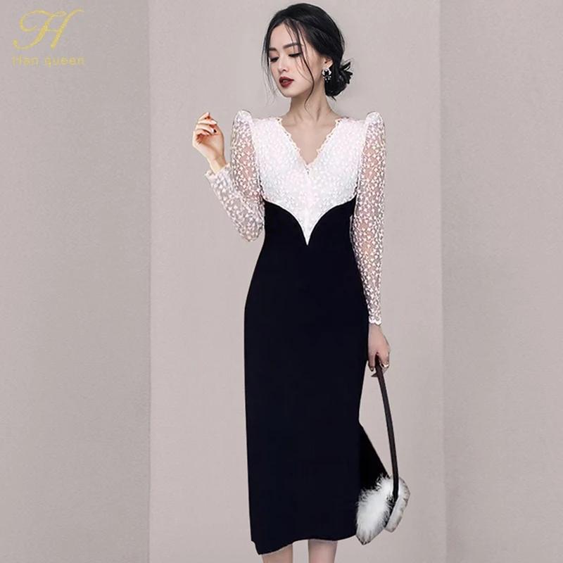 

FAKUNTN 2021 New Elegant Lace Patchwork Office Pencil Dress Women Korean Slim V-Neck Sheath Dresses Work Bodycon Vestidos