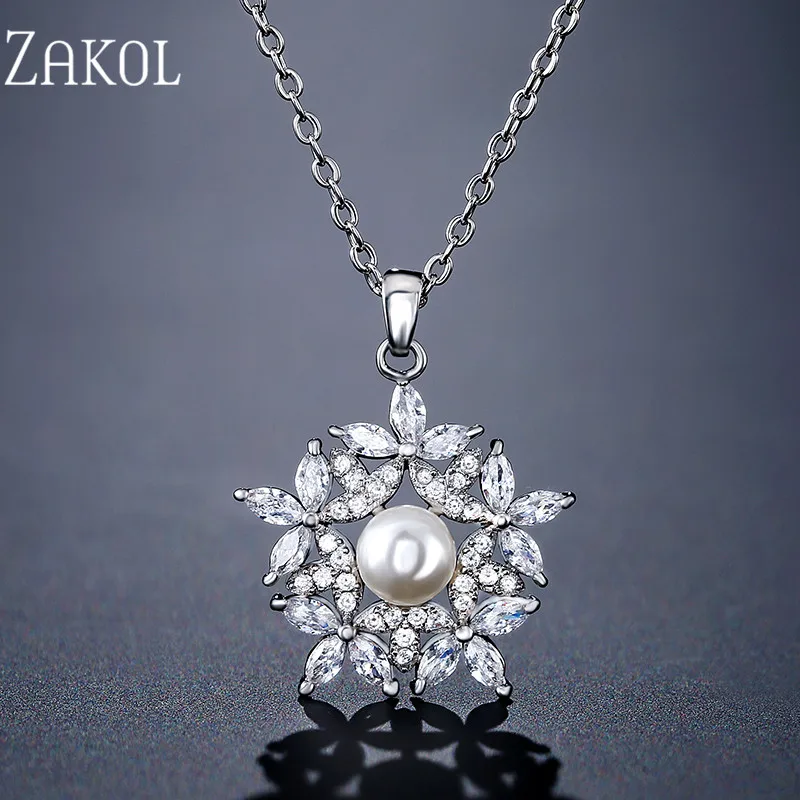 Винтажный кулон ZAKOL с искусственным жемчугом и фианитом модный для женщин