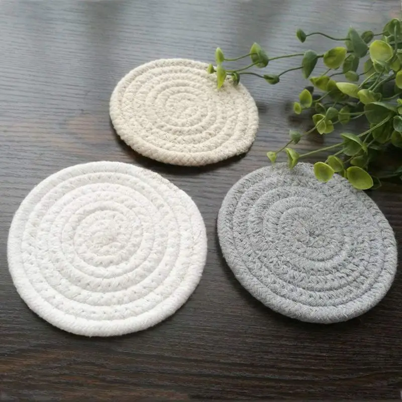 Promotion! Round Cotton Braided Table Place Mats Coaster Non-Slip Set of 5 Cups Dining Kitchen Washable Small | Дом и сад
