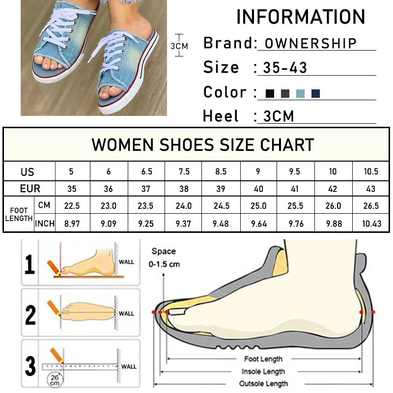 

Women Canvas Flat Slipper 2020 Woman Lace Up Ladies Peep Toe New Women's Casual Female Fashion Denim Beach Shoes Plus Size 35-43