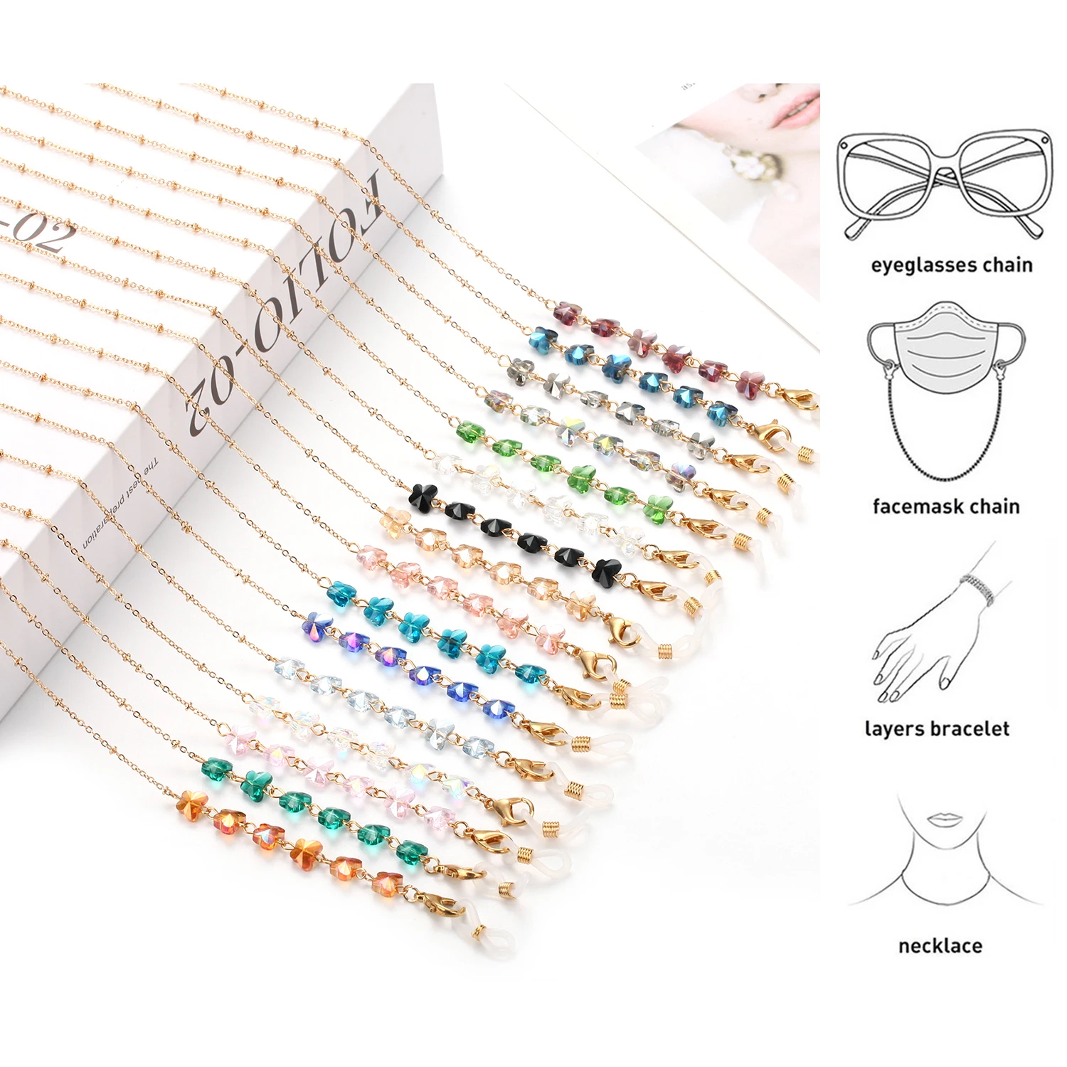 

Crystal Butterfly Glasses Chain For Women Fashion Mask Chain Holder Anti-Lost Sunglass Chain Lanyard Neck Cord Eye Wear Jewelry