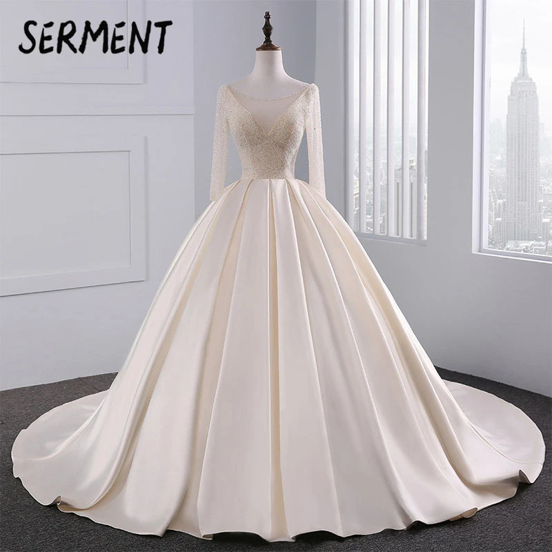 

BAZIIINGAAA атласное свадебное платье принцессы для невесты 2021 роскошный светильник цвета шампанского с длинными рукавами, сексуальное, весна-л...