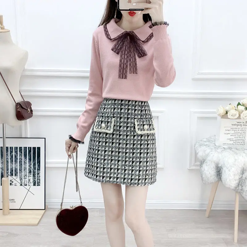 

Woman Two-piece Casual Dress Female Elegant Long Sleeve Button Skirt Suit Ladies Autumn High Waist A-line Office Suit 2021 Q244