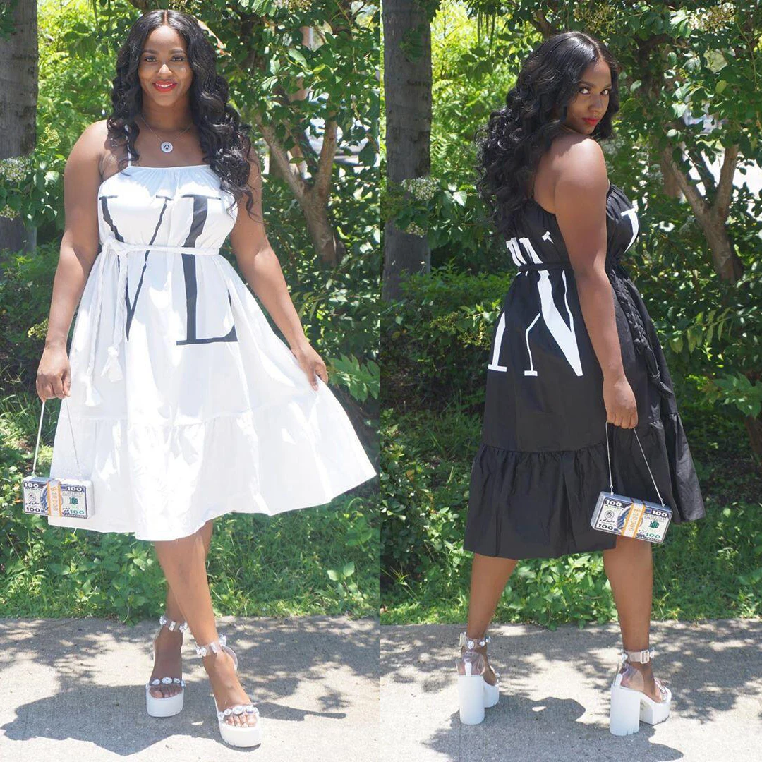 

Women Summer Letter Print Dress 2021 Lady Fashoin Sexy Sleeveless Spaghetti Strap Solid No Belt Ruched Patchwork Midi Sundress