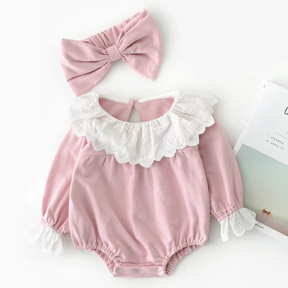 

Chantalbaby spring new cute long sleeve baby girl boy climbing clothes children's lace romper with head tie