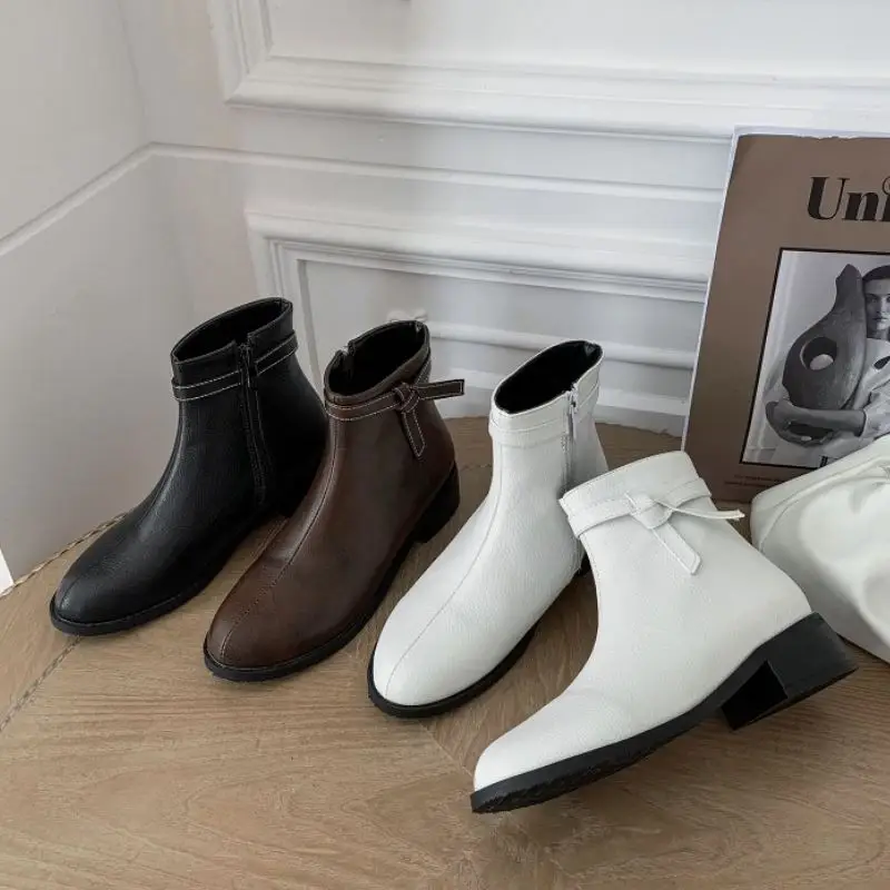 

RIZABINA Size 32-46 Women Ankle Boots Thick Heel Pointed Toe Zipper Shoes Pu Winter Warm Boots Fashion Women Party Footwear