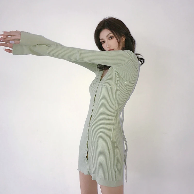 

XUXI 2021 Spring French Sexy Dress Women V-neck Temperament Slim Long-sleeved Knitted Dresses Female Bag Hip Skirt E1651