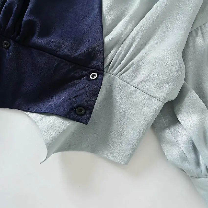 

Korean Style Women Personality Patchwork Design Blouses Spring Johnny Collar Drop Shoulder Smart Casual Satin Top Office Lady M