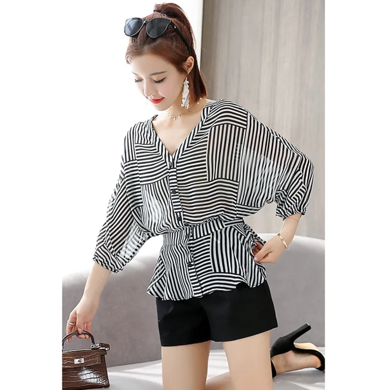 

2021 New Blouse Women Chiffon Striped Top Shirts Blouses Female Loose Blusas Summer Half Sleeve Casual Ladies Office Blouses