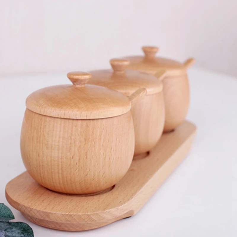 3 шт. деревянная банка для приправ солевые банки горшки специй миски с ложкой и