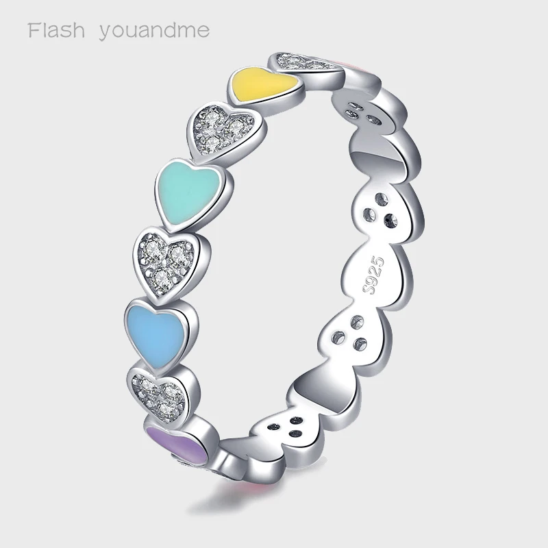 

Authentic 925 Sterling Silver Rings Rainbow Colorful Hearts Enamel CZ Finger Ring For Women Wedding Engagement Jewelry Anel