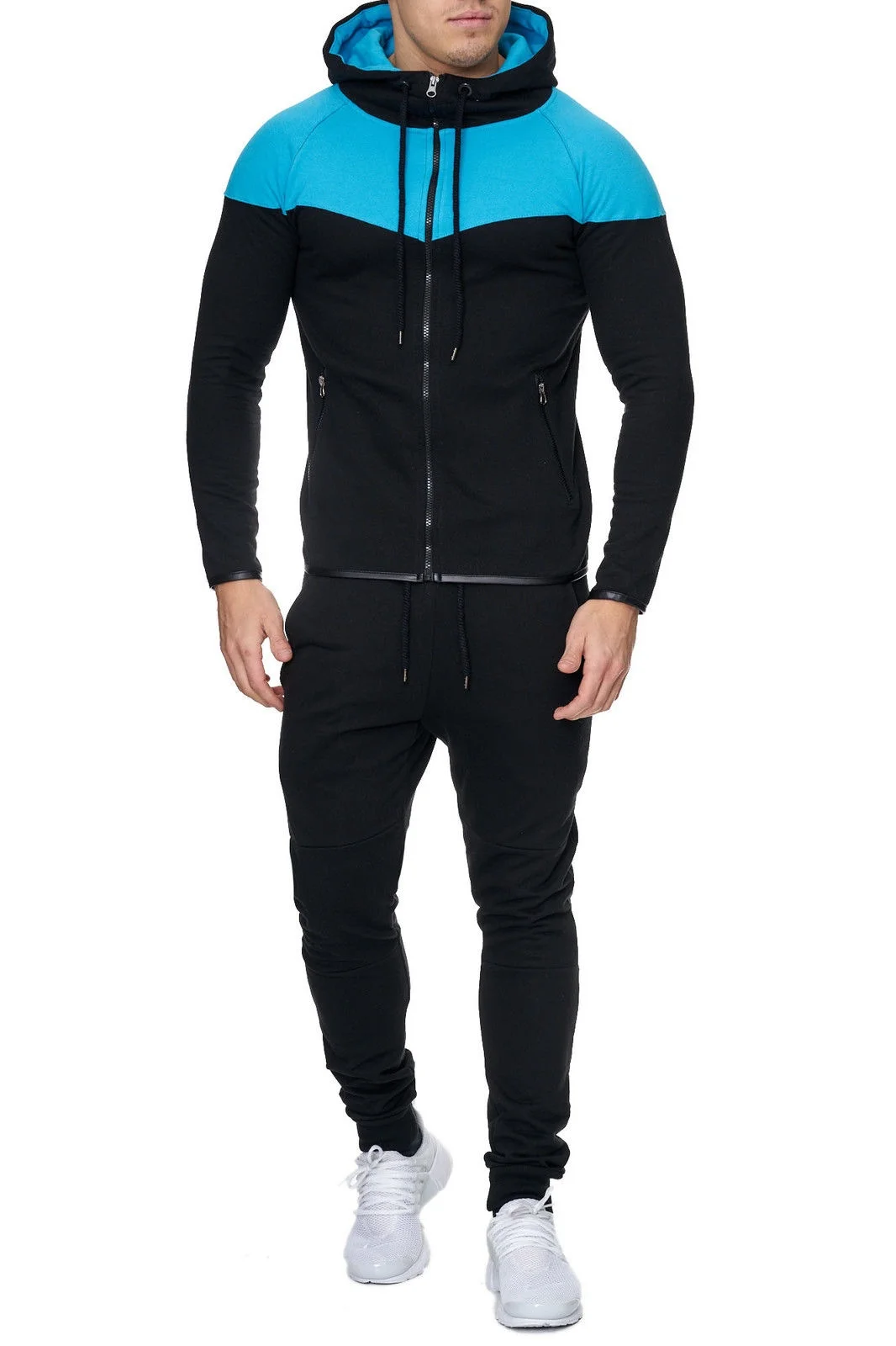 

Mens Track Suit Casual 2 Piece Set Fashion Color Block Hooded Sportswear Sweatsuit For Male Survetement Men Sportsuit