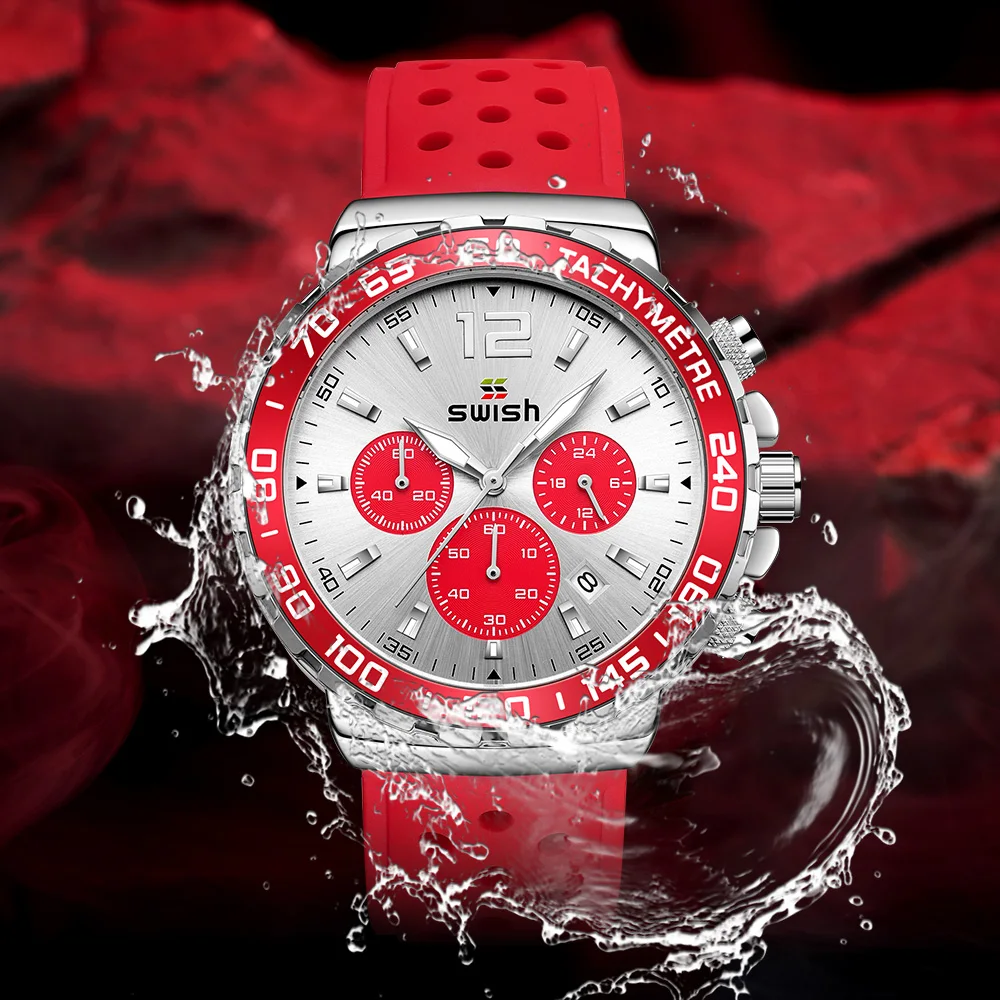 

Swish Fashion Men's Watch Top Brand Luxury Quartz Watch Waterproof Sports Clock Wristwatch Relogio Masculino Red Silicone Strap