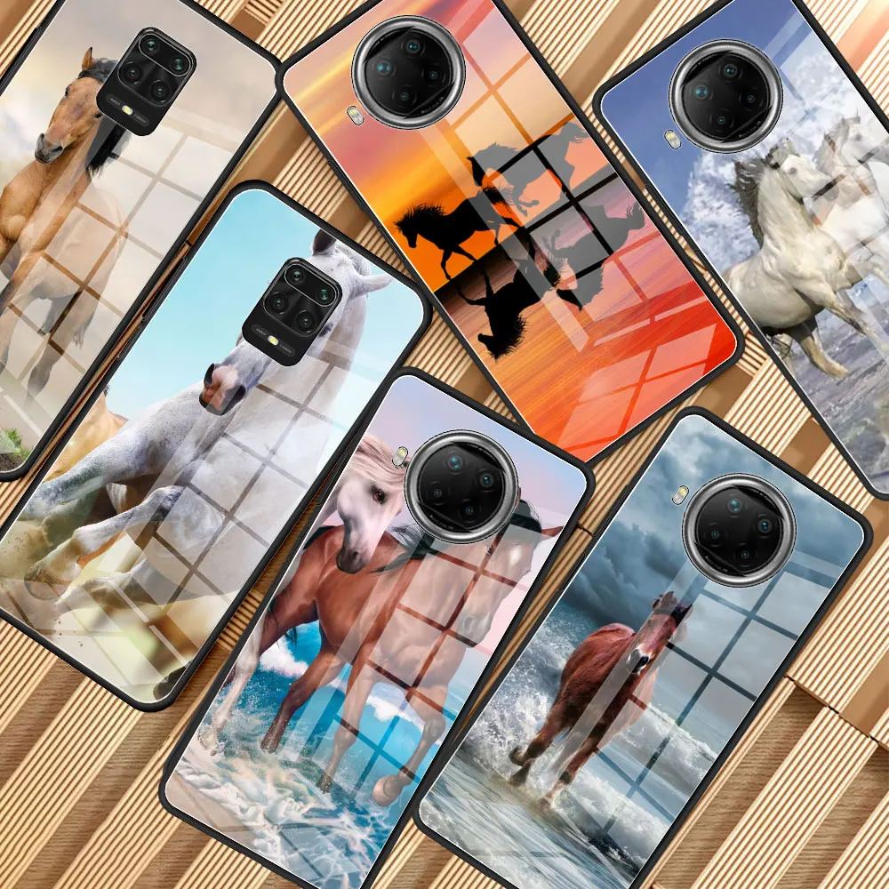 

Glass Phone Bag For Xiaomi Redmi Note 9S 8 9 10 Pro Max 8T 7 9C 9A 9T 8A K30 K40 Back Cover Bumper Running Horse Animal