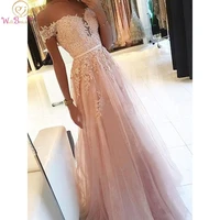 lace applique prom dress pink 2022 a line off the shoulder sleeveless floor length tulle graduation evening formal women wear
