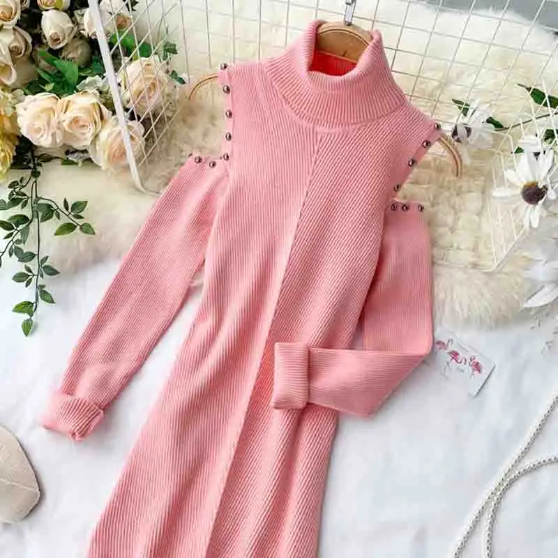 

2021 Autumn Women Knitt Dress Sexy Off Shoulder Slim Turtleneck Sweater Dresses Long Sleeve Bottoming Bodycon Dresses Vestidos