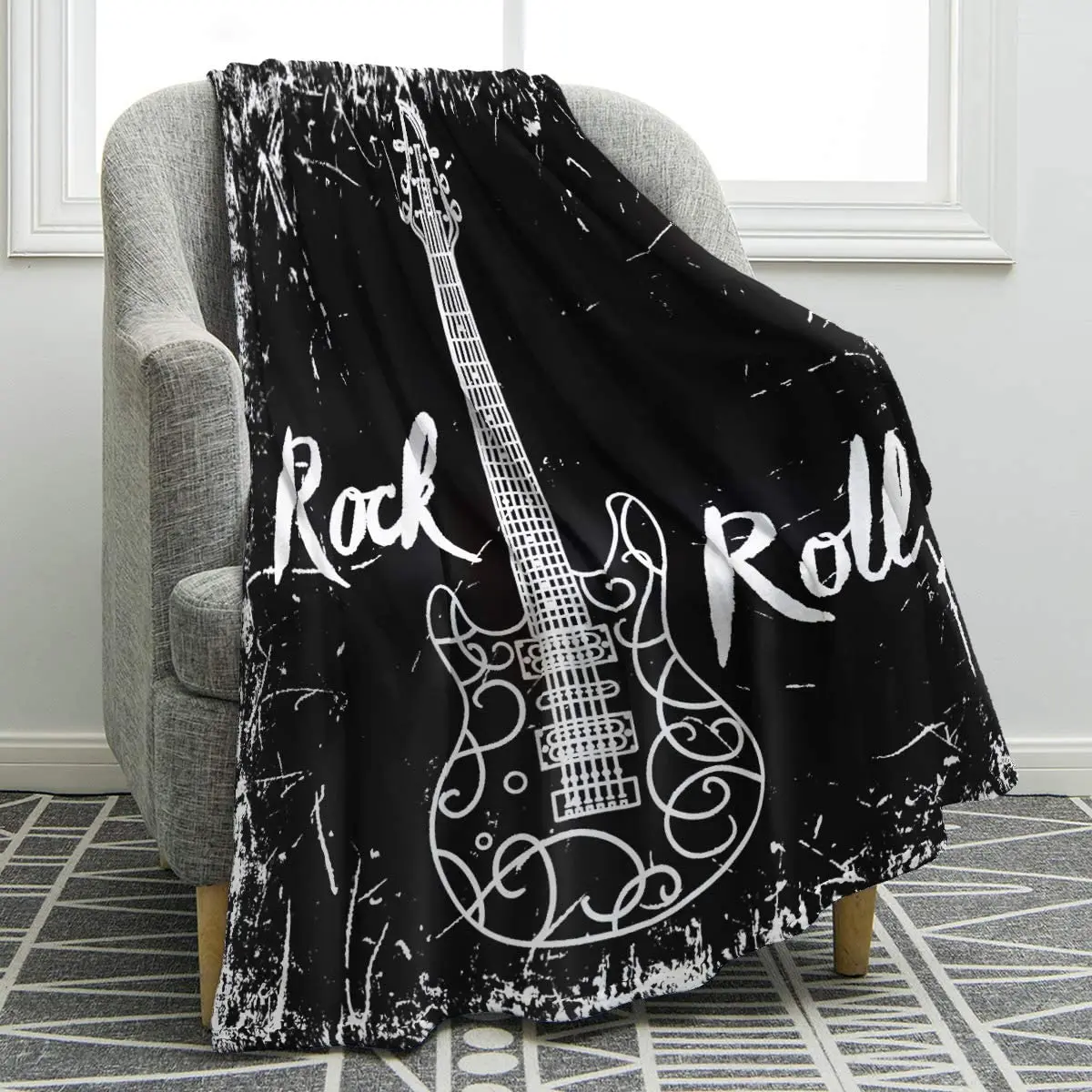 

Electric Guitar Rock Roll Music Black Blanket Soft Warm Cozy Print Throw Blanket for Music Lover Adult Gift