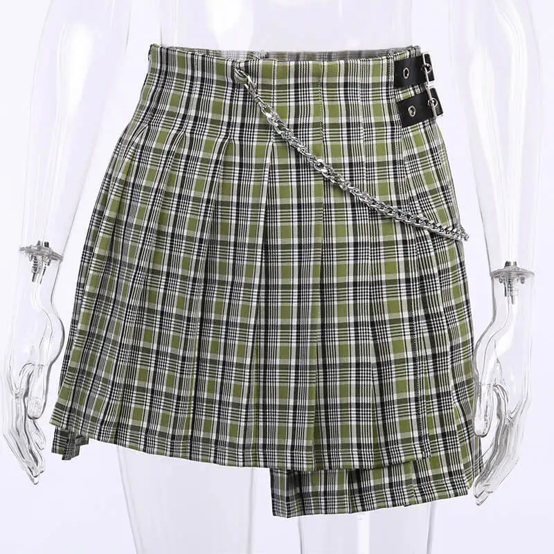 High Waist Green Plaid Irregular Prep Style A Line Pleated Mini Skirt With Chain Women Vintage Party Club Gothic Bodycon Skirt images - 6